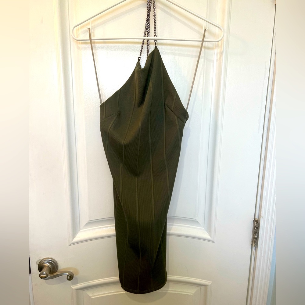 Topshop olive green mini dress, chain neck detail, size 4